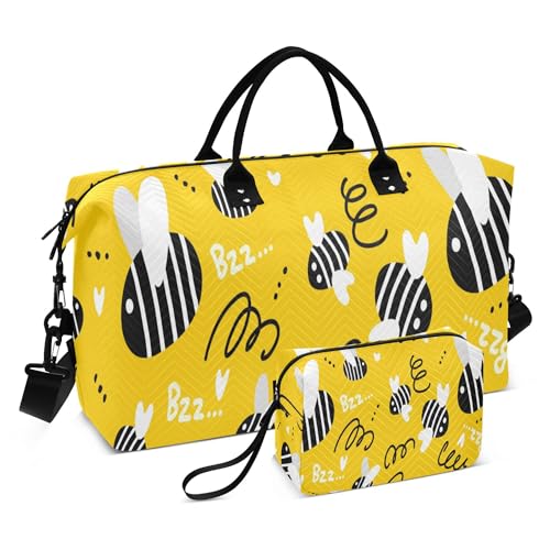 Borsone da viaggio oversize da borsa da palestra weekender da notte con da toilette per aeroplano viaggi impermeabile cartone animato scarabocchiare api carine Multi 1