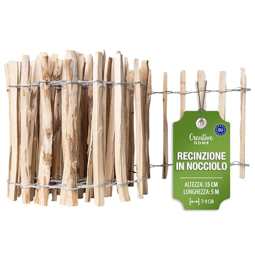Creative Home Recinzione Giardino Esterno | Staccionata Legno Alto 35cm Lungo 5m | Recinzione in Nocciolo a Rotolo | Distanza Pannelli 7-9cm | Recinto Legno per Prato, Bordatura di Aiuole in Nocciolo