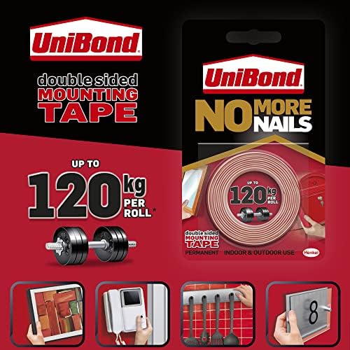 UniBond No More Nails On A Roll, Double-Sided Tape for Reliable Instant Bonding, Multipurpose Adhesive Tape/ Strips for Indoor/Outdoor Use, 19mm x 1.5m