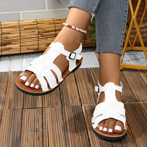 Wide Fit l Women's Sale, Dressy Elastic Ankle Gladiator ls Summer Cute Open Toe Slip on Cross Strappy Flat ls Metal Buckle Arch Support Shoes Flanter Fasciitis Plus Size 3.5-6.5 (08 Wh3