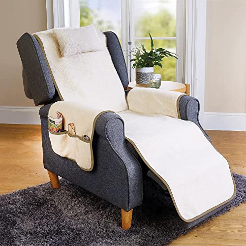 Coopers of Stortford - Ultimate Luxury Sherpa Fleece Cover - Soft Chair Cover, Protects from Spills and Wear - Arm Chair Cover with Adjustable Head/Neck Cushion - 3 Pockets for Storage