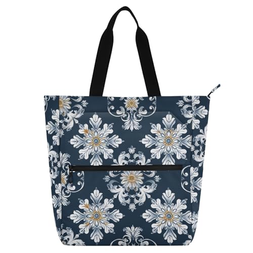 Bolsa de libros con diseño retro europeo azul y blanco y bolsillo con cremallera