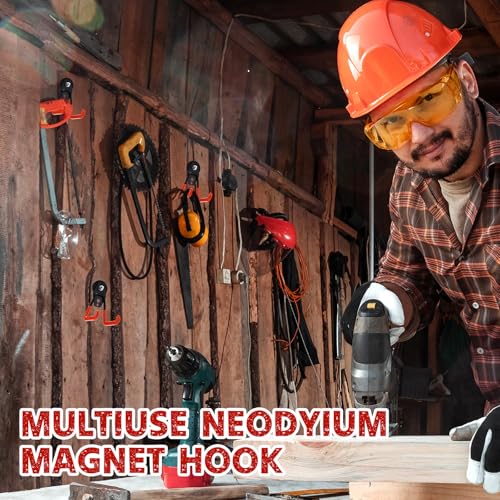Image of Landhoow 22 Pcs Large Magnetic Hooks Heavy Duty Garage Magnet Hooks Strong Storage Utility Magnetic Hangers with Anti Slip Rubber Coating for Indoor and Outdoor Hanging (Orange)