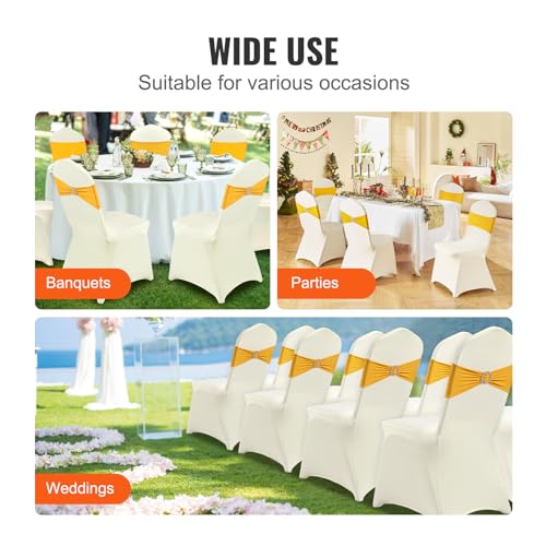 Image of VEVOR Stretch Spandex Folding Chair Covers, Universal Fitted Chair Cover, Removable Washable Protective Slipcovers, for Wedding, Holiday, Banquet, Party, Celebration, Dining, 100PCS (Ivory /Beige) | for Wedding Holiday Party Banquet Celebration, Elegant Event Decor, Dining Room Chair Cover, Removable Washable Slipcovers