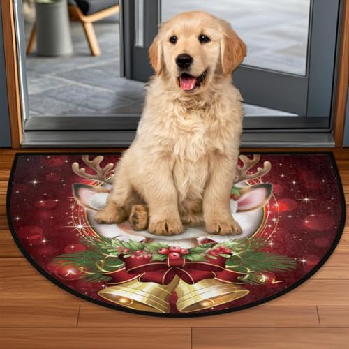 Image of cfpolar Christmas Deer Bells Holly Half Round Door Mat Outdoor Entrance Large 24 inchx36 inch Half Circle Welcome Entrance Way Mat Semi Circular Front Door Mat Area Rug for Garage, Patio, High Traffic Areas