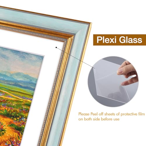 Image of Golden State Art,16x20 Ornate Picture Frame Holds 11x14 Photo,Light Blue | Includes plexiglass front,white mat,build-in hangers and buttons.Displays 11x14 photo on wall