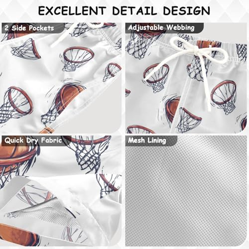 Basketball White Kids Swimming Trunks with Pocket Swim Shorts 2T3