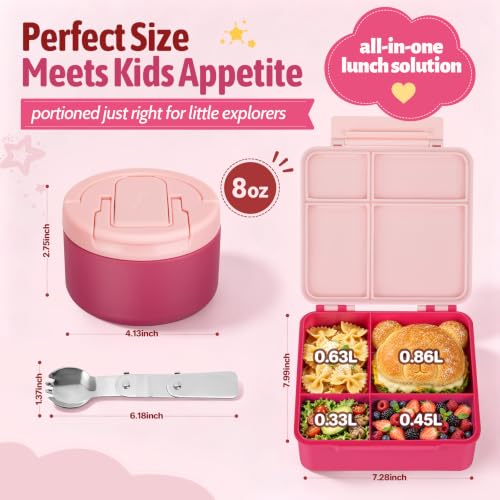 Image of MAXSO Bento Lunch Box Set for Kids with 8 oz Soup Thermo, Leakproof Hot Food Container with 4 Compartments, Insulated Food Jar for Toddler Daycare Boys Girls School - Pink