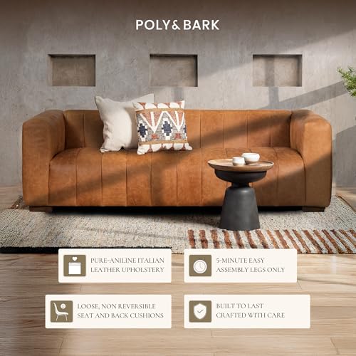 Image of POLY & BARK Canale Sofa - 86 inch Channel-Tufted Italian Leather Couch - Cognac Tan Full-Grain Pure-Aniline or Semi-Aniline Leather, Solid Wood Frame & Legs