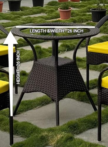 Image of PRATHAM India 4+1 Outdoor Indoor Patio Set Bistro Set Rattan Set Lawn Balcony Hall Outdoor Garden Chair Table Set (Brown Chair & Yellow Cushion)