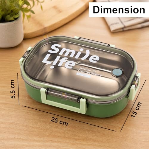 Image of WISHKEY Stainless Steel Lunch Box with Plastic Condiment Box for Kids & Adults, Leak Proof Air Tight Food Storage Container With Vent Hole, Tiffin Box Set for School & Office, 710 ml(Pack of 1, Green)