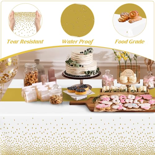 Image of 4Pack Disposable Plastic Table Cloths for Parties, 54 inch x 108 inch White and Gold Rectangle Table Covers, Waterproof Tablecloth for Rectangle Tables Suitable for New Years Eve Thanksgiving Wedding Supplies