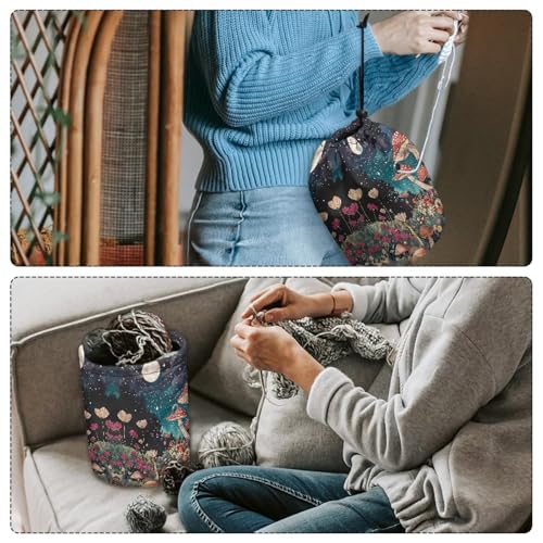 Image of Sellikakes Mushroom Floral Yarn Bag with Drawstring, Yarn Holder Crocheting Storage Basket Organizer Crochet Holder for Crocheting Project Store Skein Ball