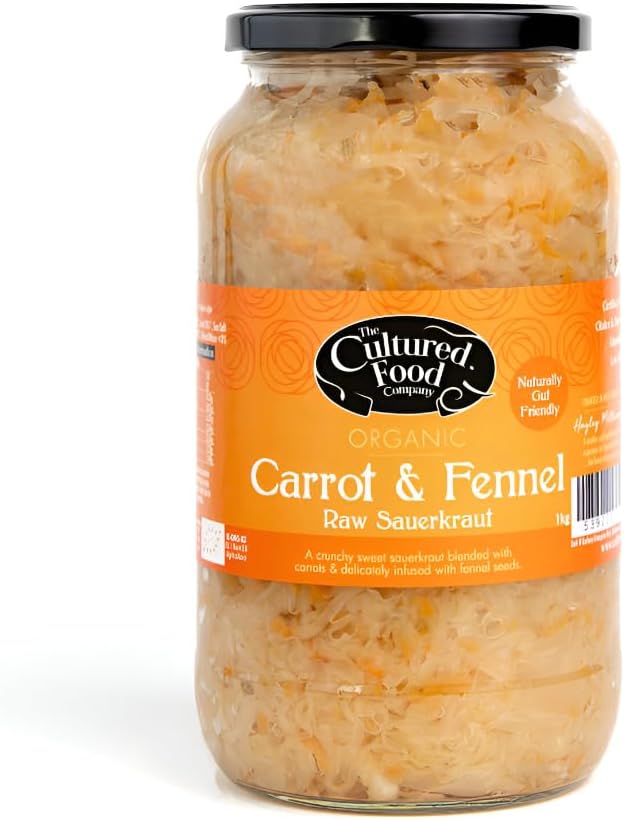 The Cultured Food Company - Organic Carrot & Fennel Sauerkraut 1kg Jar - 100% Natural Ingredients- Raw & Unpasteurised - Probiotic Rich - Traditionally Fermented Cabbage- Handmade - No Preservatives