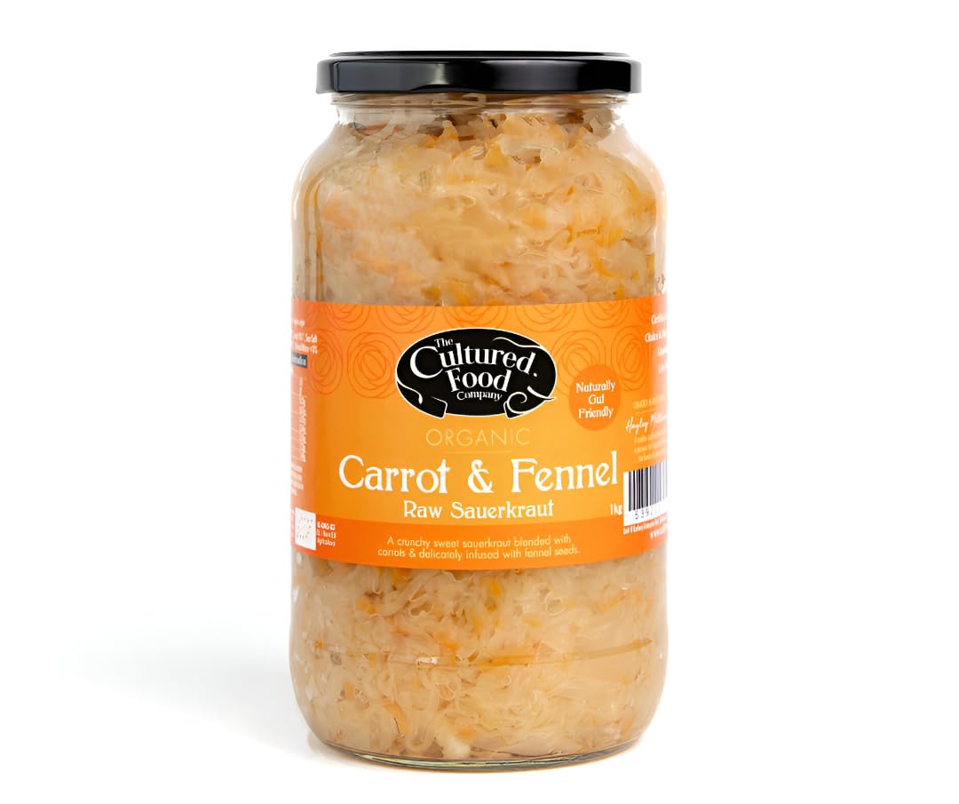 The Cultured Food Company - Organic Carrot & Fennel Sauerkraut 1kg Jar - 100% Natural Ingredients- Raw & Unpasteurised - Probiotic Rich - Traditionally Fermented Cabbage- Handmade - No Preservatives
