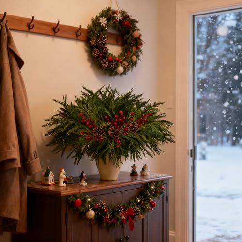 12 Pcs Norfolk Pine Branches, Artificial Pine Branches, 17" Norfolk Pine Branches, Long Christmas Greenery Stems with Red Berries and Pine Cores for Christmas Vases DIY Crafts Home Decor - Image 3