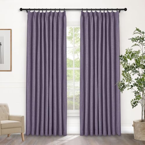 Macochico 52”Wx96”L 100% Blackout Curtains for Bedroom Living Room Nursery Violet Pinch Pleated Linen Curtains Farmhouse Burlap Drapes Thermal Window Panels with Hooks and Tieback 1 Panel