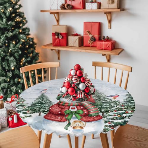 Fitted Tablecloth for Round Table,Snowman Christmas Tree Table Cover with Elastic Edge Waterproof Tablecloth,Winter Snowflake Pine Cones Farm Plank Circle Covers for Kitchen 36-44in – Image 3