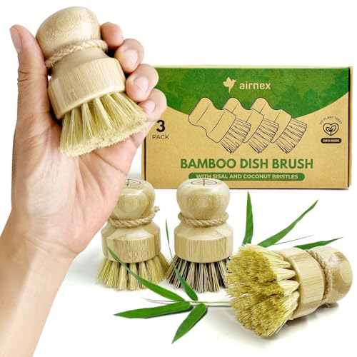 Bamboo Dish Brush Set of 3-100% Plastic Free Kitchen Scrubber wit...