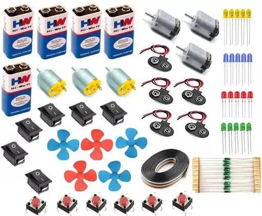 TechWiz Learning & Educatinal Toys Motor DC I 9V HW Battery I Rocker Switch I Flexible Wire I LED and Resistor I Micro Switch- School Science Experiment Project Kit Item Loose in one Pack Mix Color (61x1)