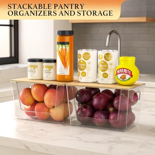 2 Set Pantry Organizers and Storage - Kitchen Organizer with Bamboo Lid for Fruit, Onion, Potato, Vegetable - Clear Stackable Bins for Kitchen Cabinet, Refrigerator, Home Organization - Image 3