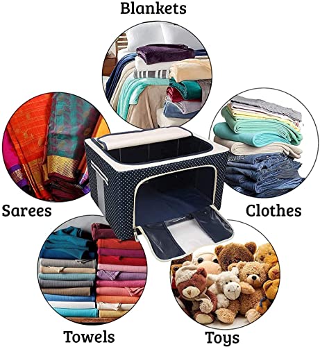 Image of 66ltr Storage Bag Foldable Steel Frame Clothes Zip Organizer Bag, Oxford Fabric Storage Living Saree Cover Boxes, Storage Box For Clothes, Closet, Wardrobe Organizer(1 Pack)