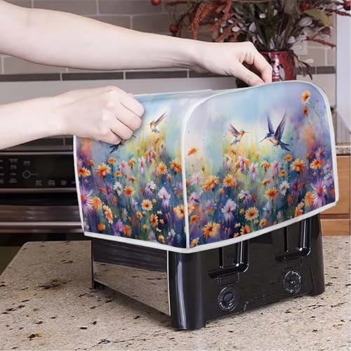 Image of 4 Slice Toaster Cover with Top Handle Design, Universal Size, Dust Protection, Stain Resistant, Hummingbird Daisy Purple