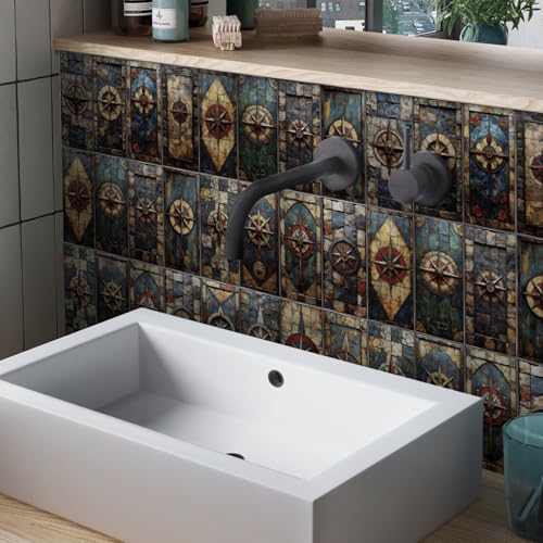 Azulejos Adhesivos Cocina Retro Rojo Azul Vinilo Adhesivo Pared Pvc Azulejos Adhesivos Baño Impermeable Revestimiento Pared Pvc Duradero Vinilo Cocina Baldosas Adhesivas Pared 10.16x20.32cm/32 pcs