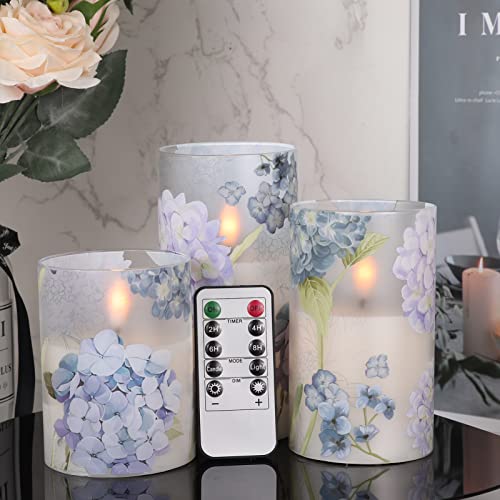 Image of Hydrangea Glass Flameless Candles with Remote Timer Battery Operated LED Flickering Pillar Candles Real Wax Spring Dinner Wedding Holiday Decor D3 x H4, 5 inch, 6 inch