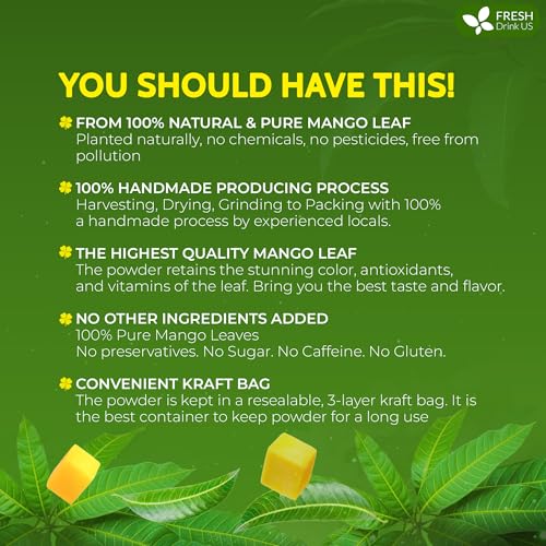 Image of FreshDrinkUS, Premium 8oz Mango Leaves Powder, 100% Natural & Pure, Herbal Tea, Daily Infusion Botanical, No Sugar, No Caffeine, No Gluten, Vegan. Rich in Antioxidants.
