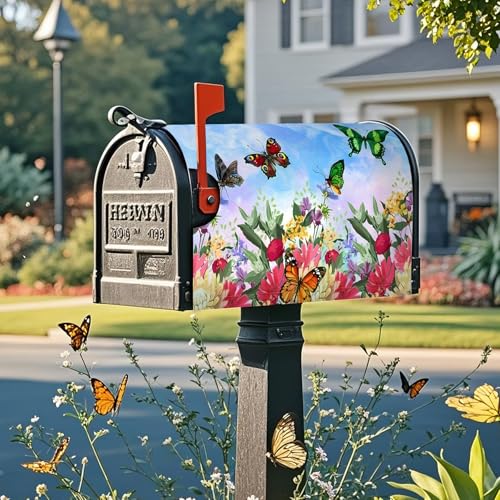 Image of Mailbox Covers Magnetic Standard Size 18 x 21 Inch Beautiful Flowers in Spring,Mailbox Wraps for Garden Yard Home Outdoor Decor (Butterfly & Flower)