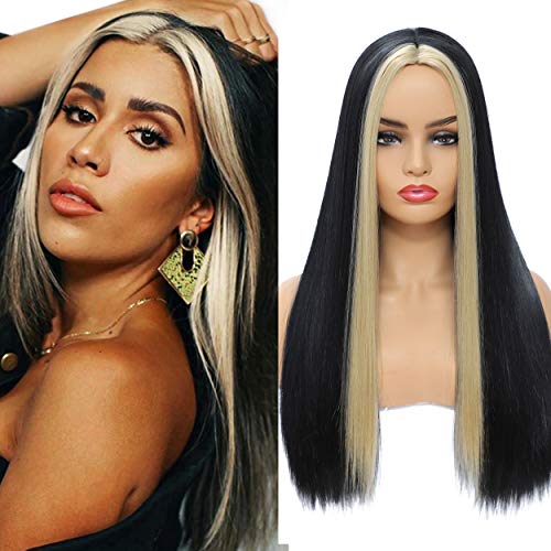 Kmously Long Straight Wig Blonde Highlight Wigs for Women Synthetic Blonde and Black Silky Straight Wig 24 Inch for Cosplay Daily Use Party (Highlight Blonde)