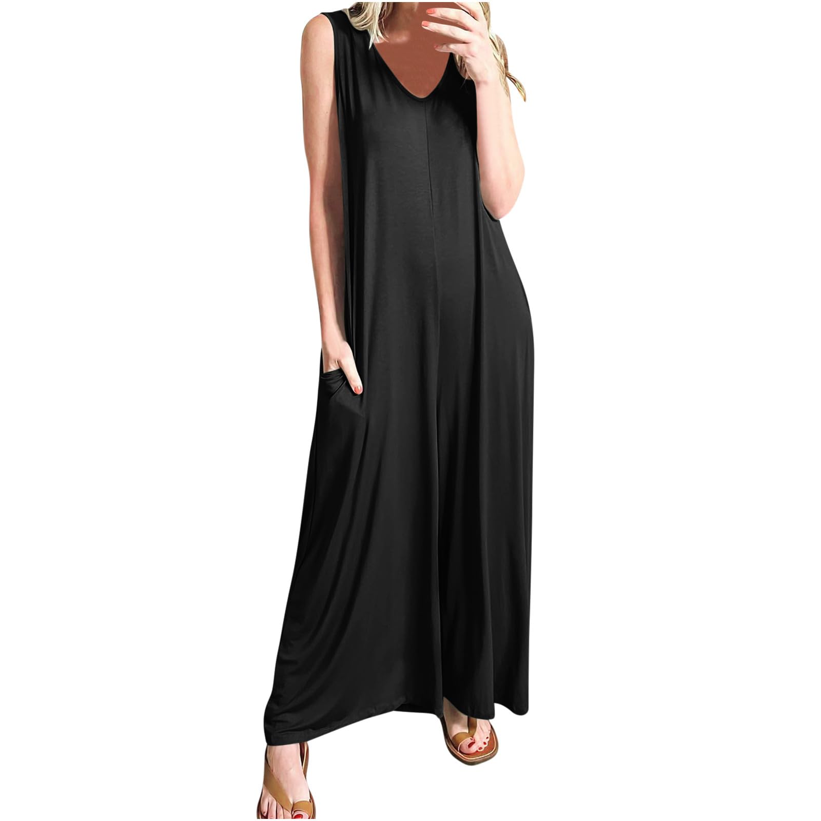 KQIVAM Combinaison Femme en Lin Coton D'Été, Sans Manches Col en V Coupe Oversize Playsuit Décontracté Femme Salopette Fluide Respirant Coloris Uni Confort Draper pour Usage Quotidien et Fête