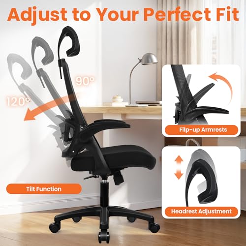 Image of NEO CHAIR Office Desk Chair Gaming Computer High Back Support Mesh Comfy Seat with Adjustable Ergonomic Headrest Lumbar Rolling Flip-up Armrests and Wheels (Black)