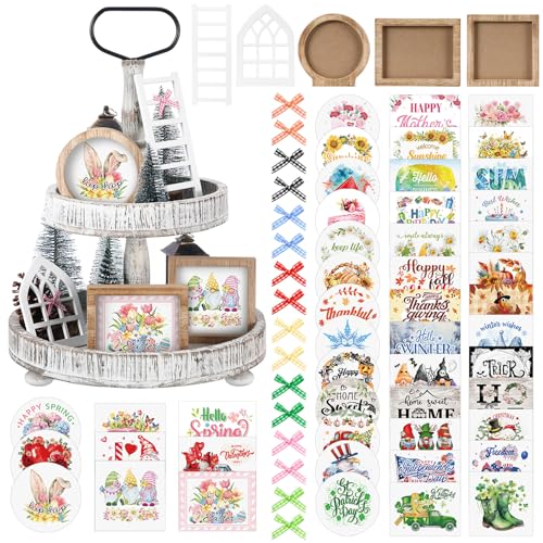 48 Pcs Interchangeable Seasonal Tiered Tray Decor Set Farmhouse Spring