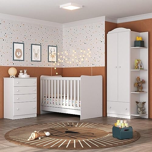 Quarto Infantil Completo João e Maria com berço 4 em 1 + colchão Multimóveis + Roupeiro e cômoda Bra