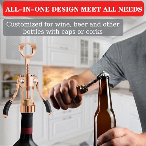 Image of KORCCI Wine Opener, Heavy-Duty Zinc Alloy Wing Corkscrew, Premium Beer Bottle Opener, Multifunctional Wine Accessories with Ergonomic Handle and Sharp Screw, for Kitchen, Bar, Restaurant (Rose Gold)