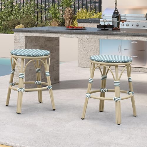 Image of PURPLE LEAF Outdoor French Round Counter Stool Set of 2 Large 26 inch Woven Rattan Seat Backless Barstools White Print Aluminum Frame for Patio Indoor Island Bistro Restaurant Soft Blue