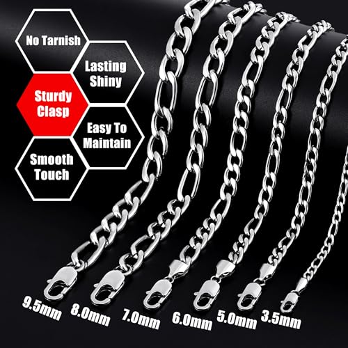 Fiusem Figaro Chains for Men Women, Silver Tone Mens Chain Necklaces, Wide 3.5/5/6/7/8/9.5mm Stainless Steel Chain Necklace for Men Women3