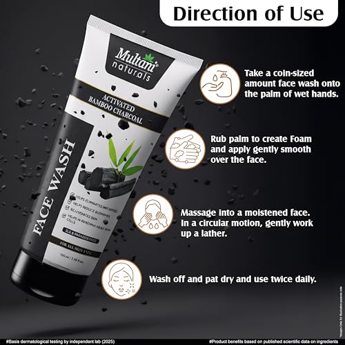 Image of Multani Naturals Charcoal Face Wash 100ml (Pack of 2)| Deep Cleansing Face Wash with Activated Bamboo Charcoal | Removes Dirt, Oil & Toxins | Oil Control for Acne-Prone Skin | For Men & Women | SLS & Paraben Free, Dermatologically Tested | For All Skin Type