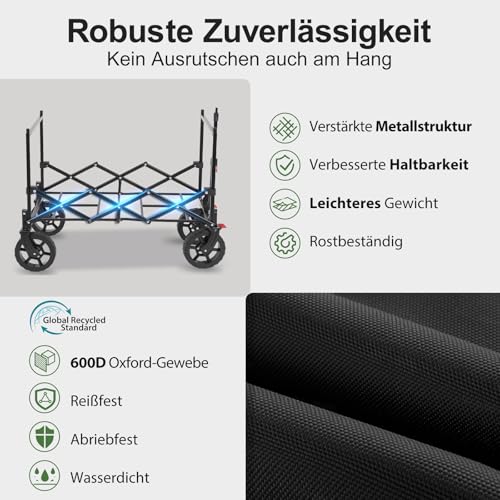 Sekey XXL Bollerwagen Faltbar Kinder 150L 150KG, Faltbarer Bollerwagen mit Dach Klappbarer Handwagen mit Sonnenschutz für Ausflug Strand Camping, S4018, Schwarz – Bild 6