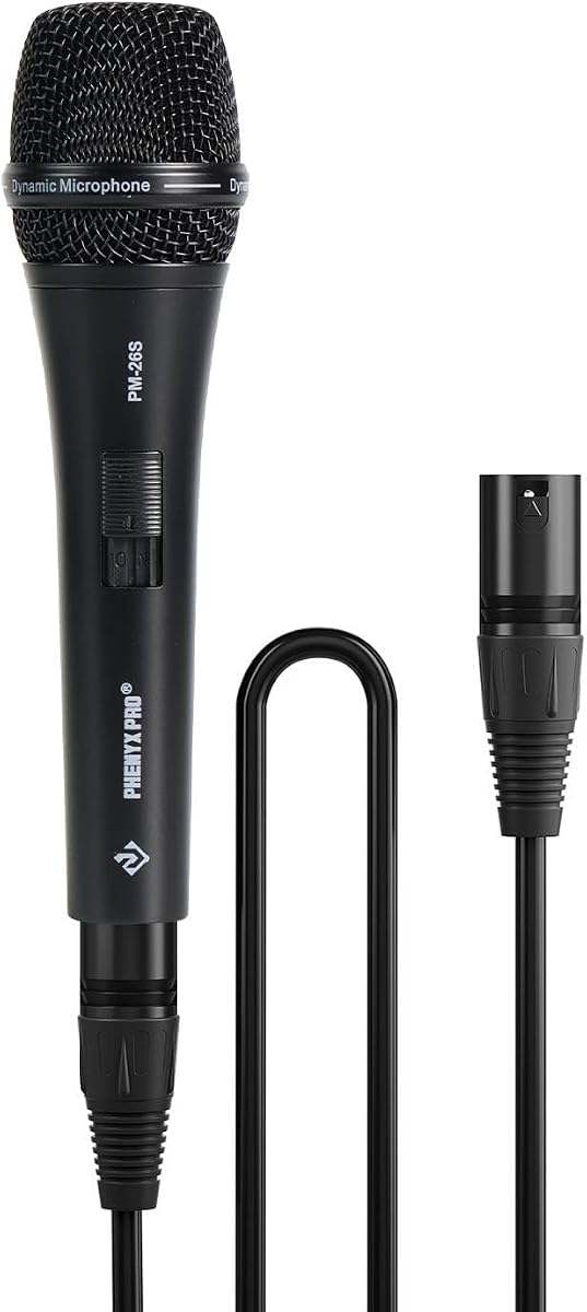Phenyx Pro Micrófono dinámico de mano supercardioide con cable XLR PM-26S | Interruptor de encendido/apagado, filtro de espuma incorporado, construcción totalmente metálica, cable de 16.4 pies, clip de micrófono, bolsa de almacenamiento, voces de escenario, karaoke