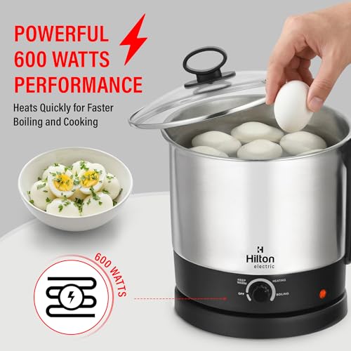 Image of Hilton 600W Multipurpose Electric Kettle with Steamer, Stainless Steel Body, Cool Touch Handle, Auto Shut-Off for Boiling Eggs, Water, Milk, Noodles & Soup, 1.5Ltr, Black & Silver
