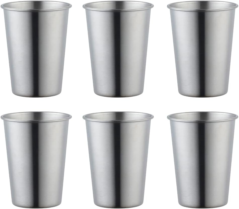 Stainless Steel Reusable Drinking Cup, Eco-friendly Stackable Metal Tumblers, Unbreakable and Druable Flatware, 12 Oz(350ml), Set of 6, Silver