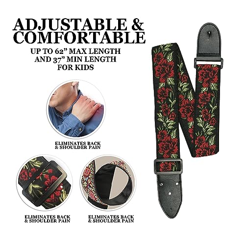 Art Tribute Guitar Strap Cotton Rose Flower W/Free Bonus [2023 New] 2 Picks + Strap Locks + Strap Button. For Bass, Electric & Acoustic Guitars. Awesome Gift For Men & Women Guitarists #TOP5
