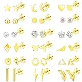 MJust 18 Pairs Stainless Steel Earrings Set for Women & Men– Star, Moon, Heart & Geometric Designs, 20G Flatback & Barbell for Cartilage (Golden)
