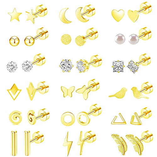 MJust 18 Pairs Stainless Steel Earrings Set for Women & Men– Star, Moon, Heart & Geometric Designs, 20G Flatback & Barbell for Cartilage (Golden)