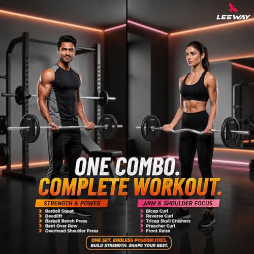 Image of LEEWAY Gym Barbell Rod 5ft Straight & 3Ft Curl Bar | Combo (5FT + 3FT)| 28mm Gym Weight Plates Barbell for Home Workout | Weight Lifting Biceps Rod for Exercise at Home| Compatible 1-Inch Plates Road