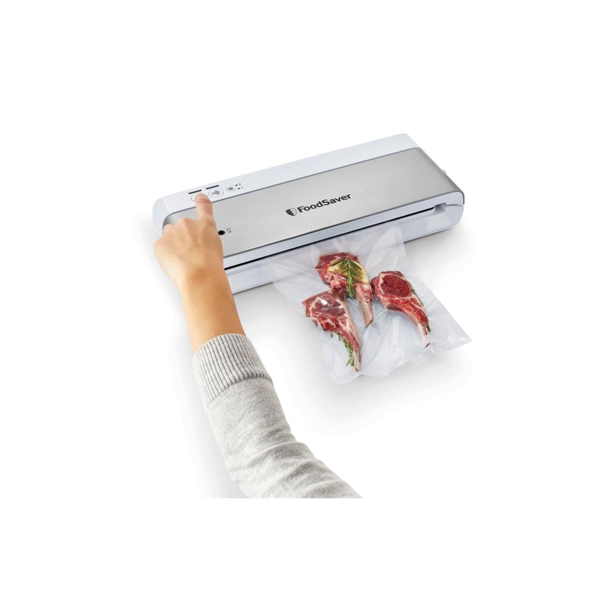 FoodSaver Machine Sous Vide Alimentaire Compacte avec Accessoire Portatif | 1 Rouleau et 4 Sacs Sous Vide Inclus | argent avec finition blanche [VS0100X]