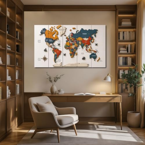 Image of The Castle Decor World Map Painting With Frame 5 Big Size Multiple Frames Wall Art Painting for Living Room,bedroom,drawing Room,hotels-wooden Framed-digital Painting (27x48 inch, Multicolour5)